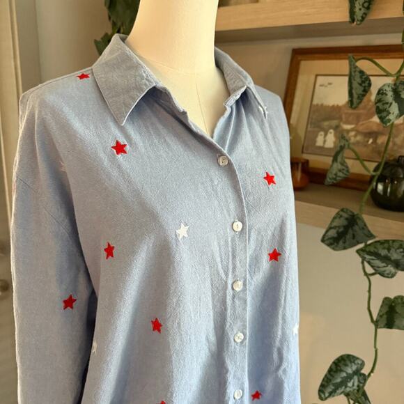 Casey Coleman Blue Chambray Button Down Shirt 1X Embroidered Stars Patriotic - Picture 3 of 8